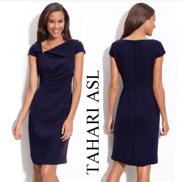 Tahari ASL Navy Asymmetric Collared Sheath Dress 6 - Picture 16 of 16